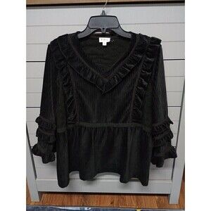Pol black velvet vintage Victorian Style Top ruffle sleeve Cosplay L  V Neck